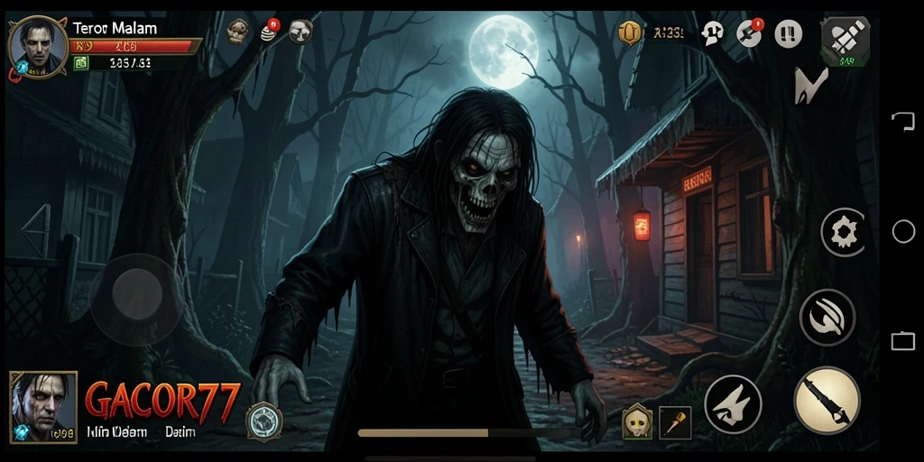 Tampilan gameplay menegangkan di GACOR77 dengan suasana horror yang mendalam.